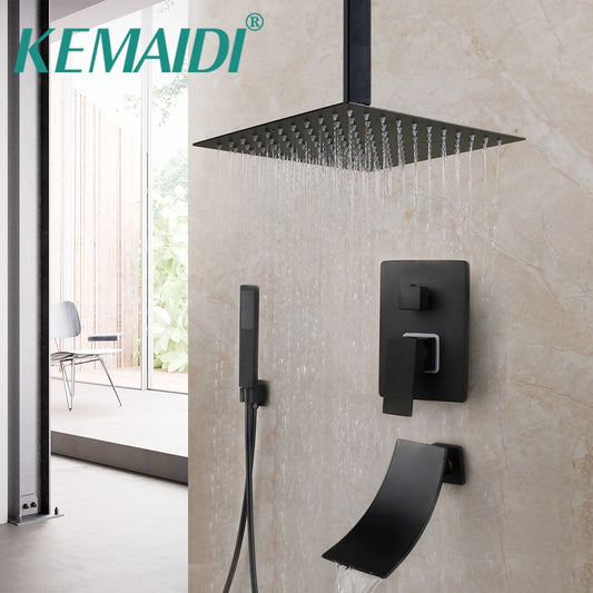 KEMAIDI Matte Black Bathroom Shower Faucet Rainfall Tub LED Bathtub Rain Square Shower Head Waterfall Shower Faucet Set