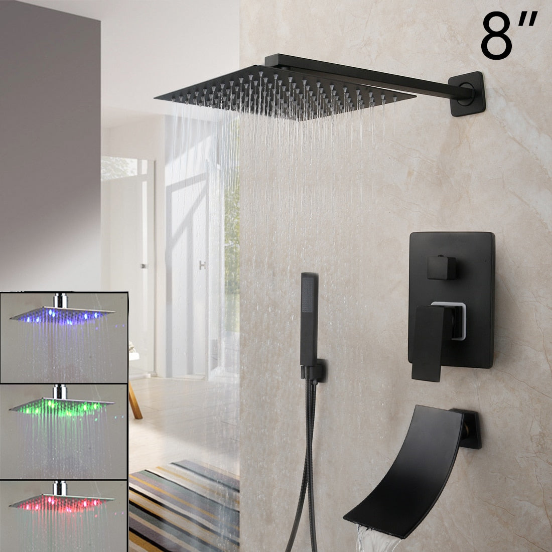 KEMAIDI Matte Black Bathroom Shower Faucet Rainfall Tub LED Bathtub Rain Square Shower Head Waterfall Shower Faucet Set
