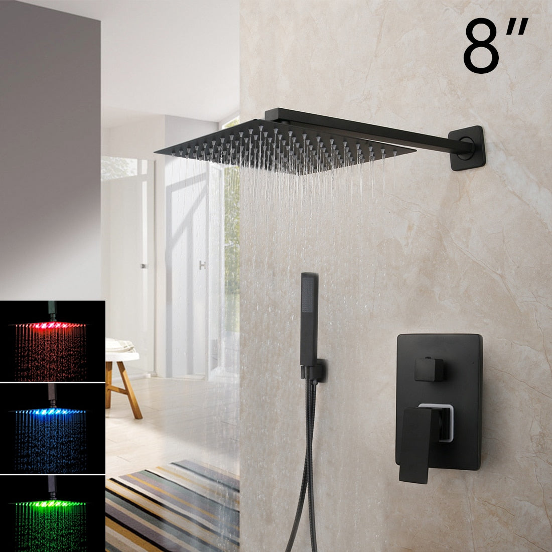 KEMAIDI Matte Black Bathroom Shower Faucet Rainfall Tub LED Bathtub Rain Square Shower Head Waterfall Shower Faucet Set