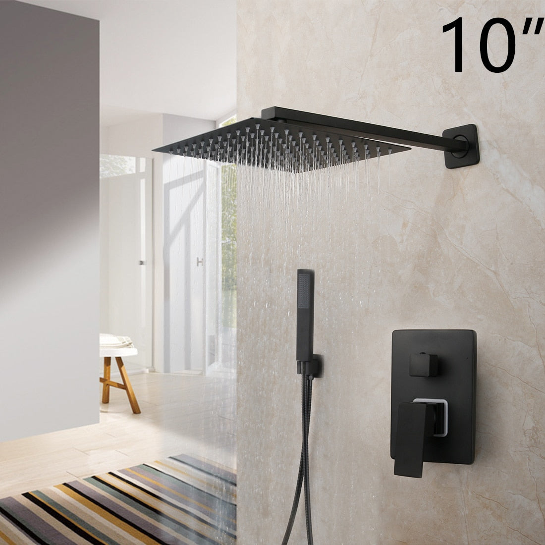 KEMAIDI Matte Black Bathroom Shower Faucet Rainfall Tub LED Bathtub Rain Square Shower Head Waterfall Shower Faucet Set