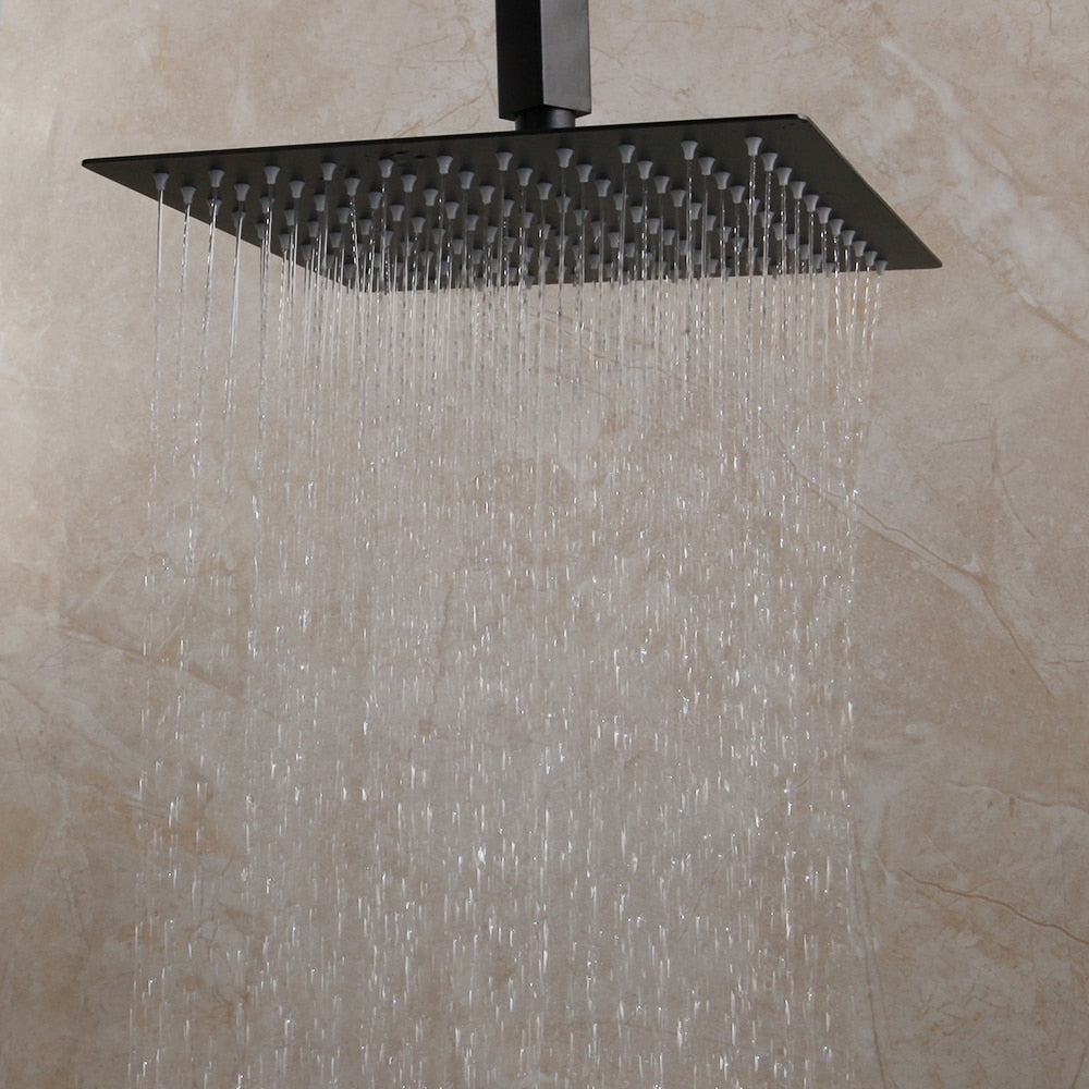 KEMAIDI Matte Black Bathroom Shower Faucet Rainfall Tub LED Bathtub Rain Square Shower Head Waterfall Shower Faucet Set