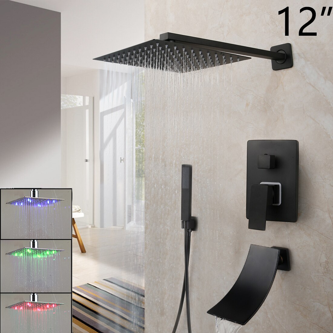 KEMAIDI Matte Black Bathroom Shower Faucet Rainfall Tub LED Bathtub Rain Square Shower Head Waterfall Shower Faucet Set