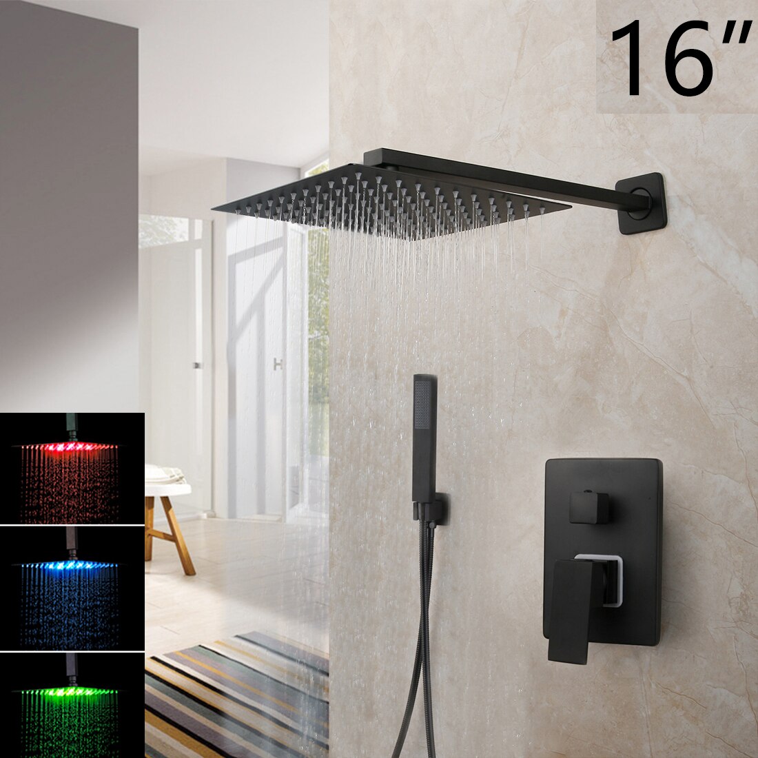KEMAIDI Matte Black Bathroom Shower Faucet Rainfall Tub LED Bathtub Rain Square Shower Head Waterfall Shower Faucet Set