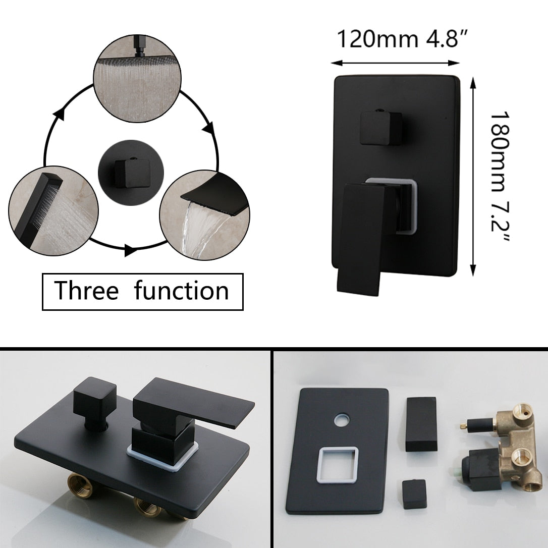 KEMAIDI Matte Black Bathroom Shower Faucet Rainfall Tub LED Bathtub Rain Square Shower Head Waterfall Shower Faucet Set