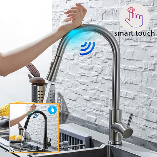 DQOK Kitchen Faucet Pull Out  Brushed Nickle Sensor Stainless Steel Black Smart Induction Mixed Tap Touch Control Sink Tap