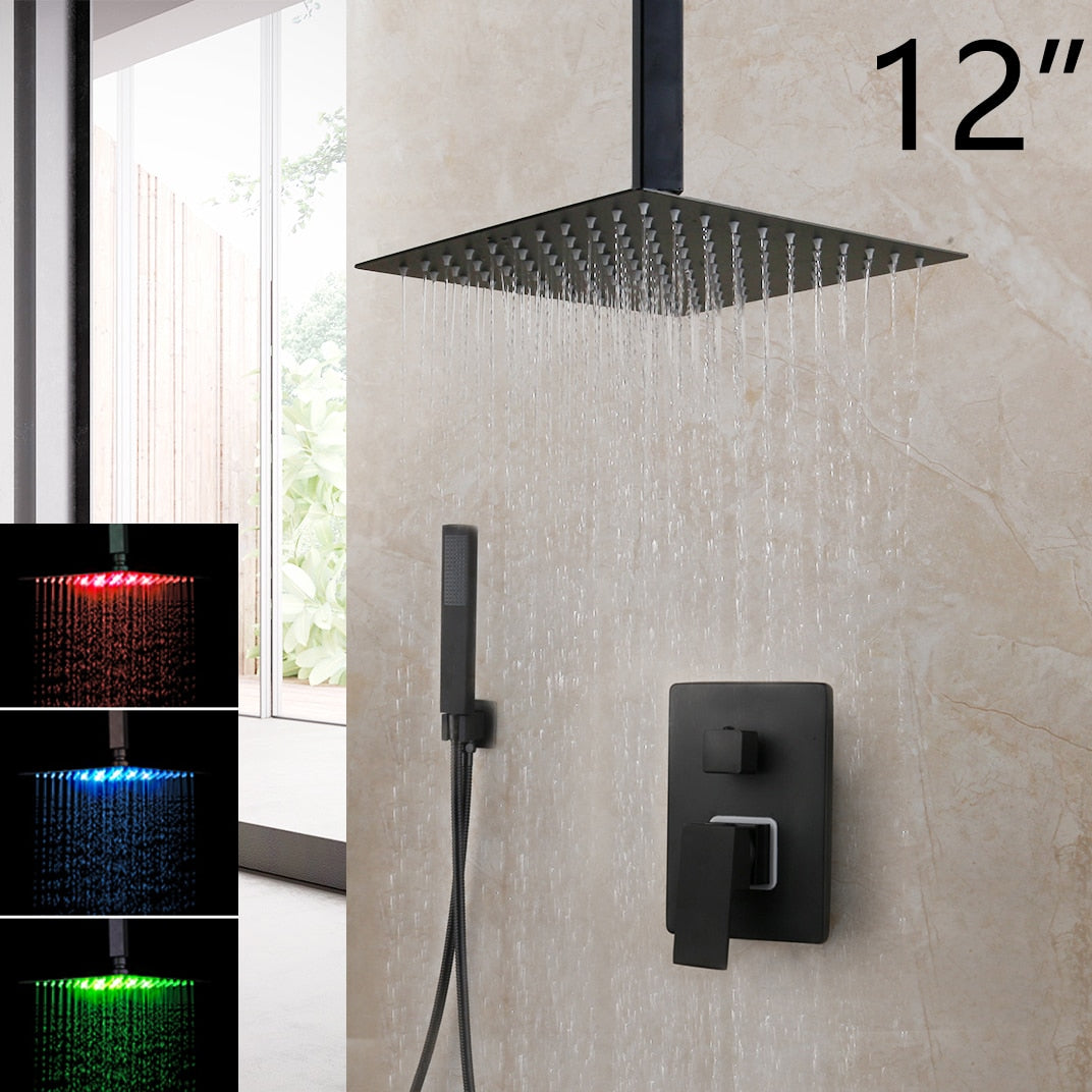 KEMAIDI Matte Black Bathroom Shower Faucet Rainfall Tub LED Bathtub Rain Square Shower Head Waterfall Shower Faucet Set
