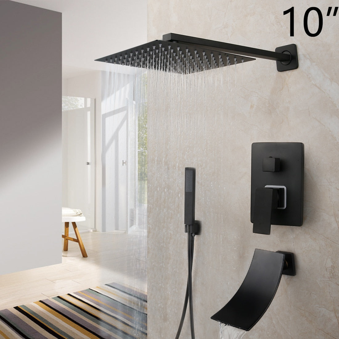 KEMAIDI Matte Black Bathroom Shower Faucet Rainfall Tub LED Bathtub Rain Square Shower Head Waterfall Shower Faucet Set