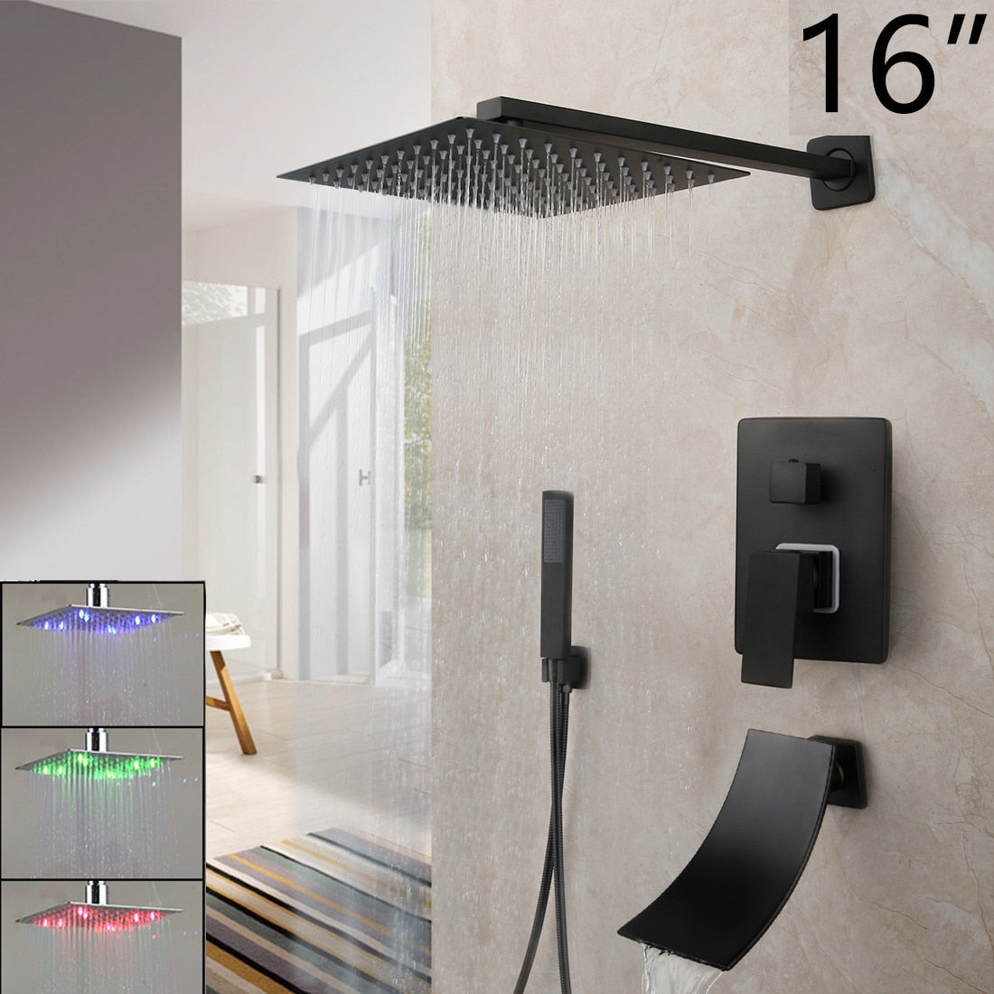 KEMAIDI Matte Black Bathroom Shower Faucet Rainfall Tub LED Bathtub Rain Square Shower Head Waterfall Shower Faucet Set