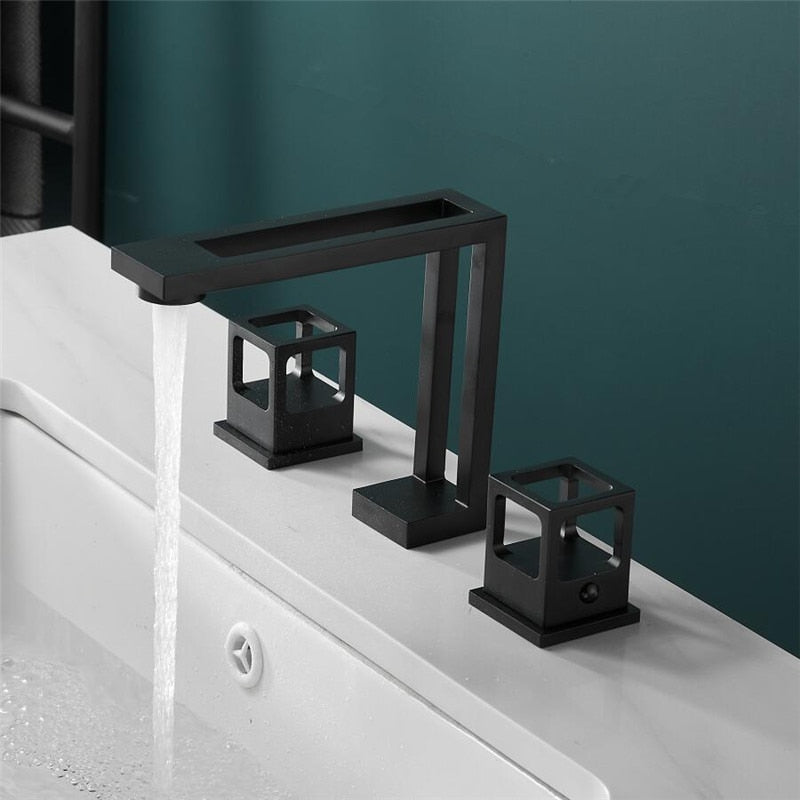 Tuqiu Basin Faucet Black Brass Widespread Bathroom Sink Faucet 3 Hole Widespread Basin Mixer Double Handle Hot Cold Water Tap