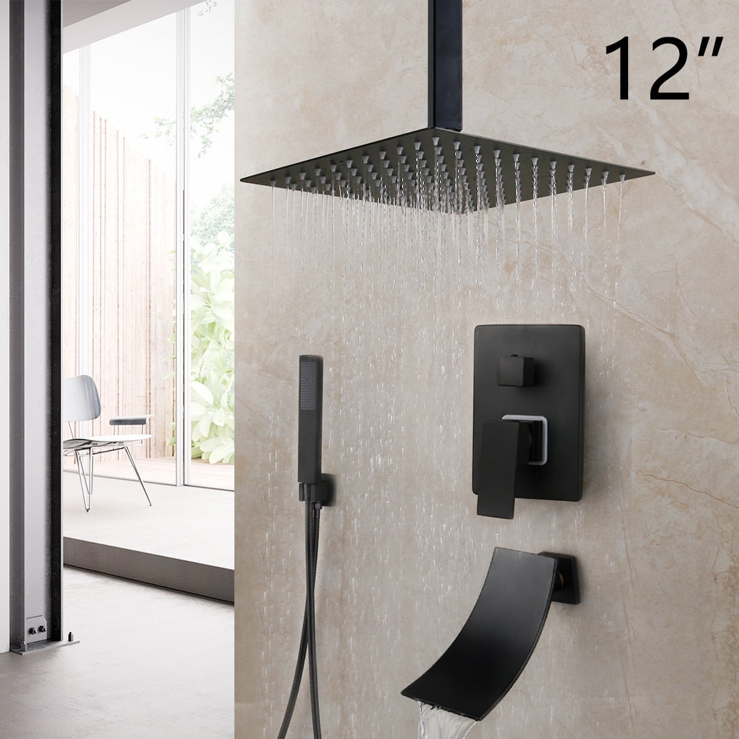 KEMAIDI Matte Black Bathroom Shower Faucet Rainfall Tub LED Bathtub Rain Square Shower Head Waterfall Shower Faucet Set