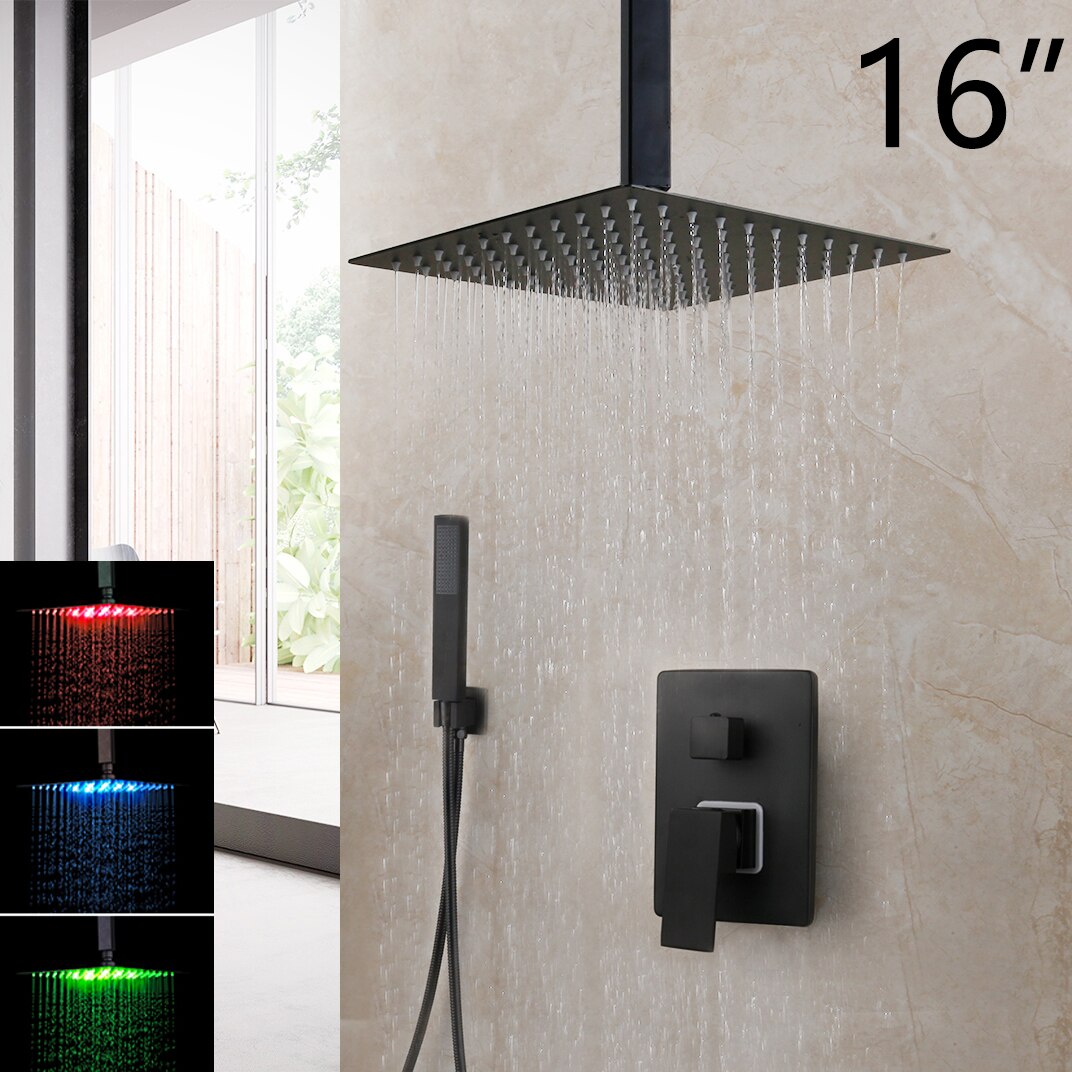 KEMAIDI Matte Black Bathroom Shower Faucet Rainfall Tub LED Bathtub Rain Square Shower Head Waterfall Shower Faucet Set