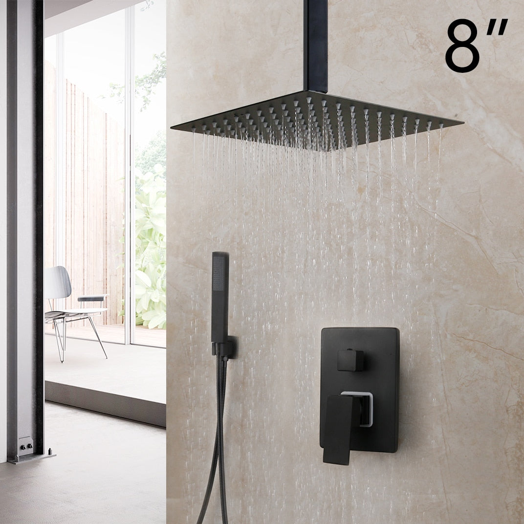 KEMAIDI Matte Black Bathroom Shower Faucet Rainfall Tub LED Bathtub Rain Square Shower Head Waterfall Shower Faucet Set