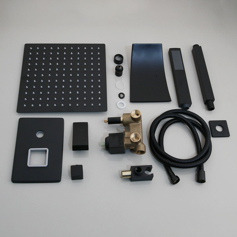 KEMAIDI Matte Black Bathroom Shower Faucet Rainfall Tub LED Bathtub Rain Square Shower Head Waterfall Shower Faucet Set