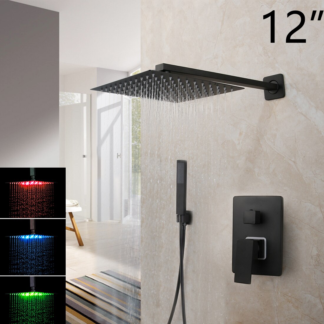 KEMAIDI Matte Black Bathroom Shower Faucet Rainfall Tub LED Bathtub Rain Square Shower Head Waterfall Shower Faucet Set