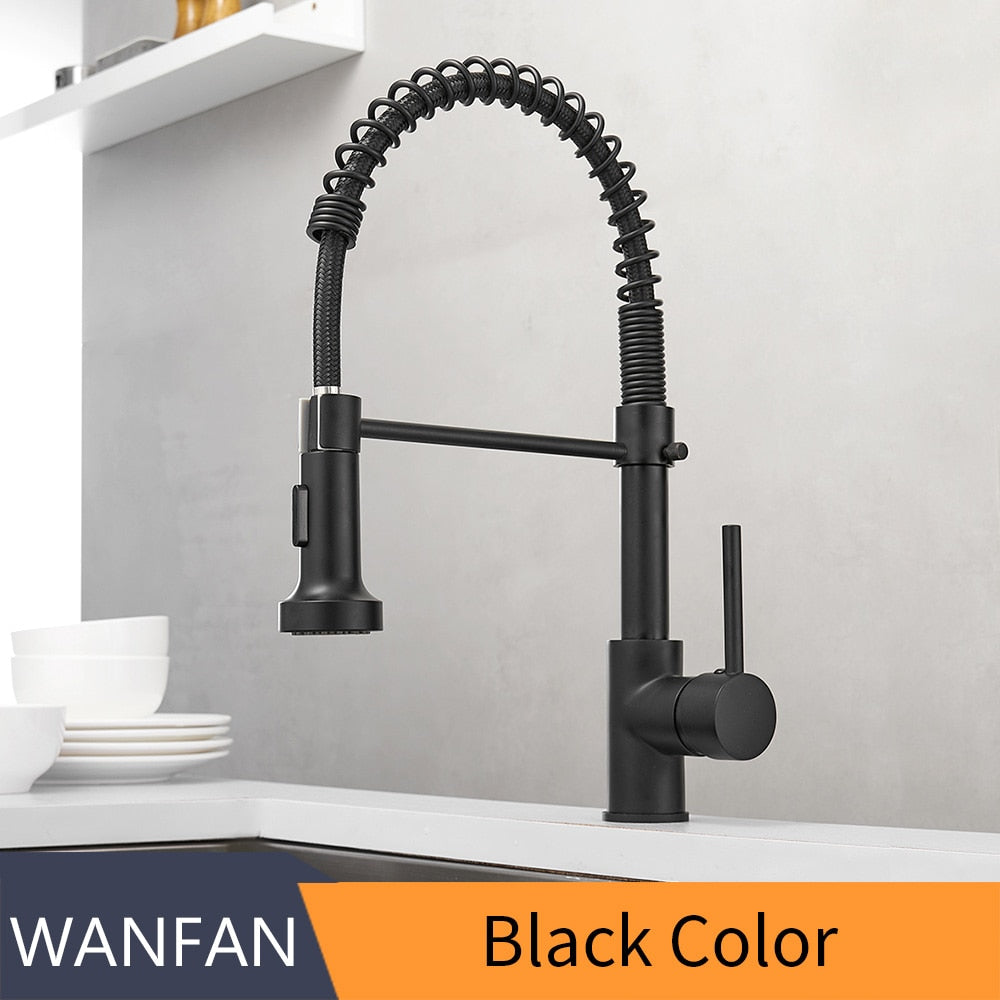 Kitchen Faucets Matte Black Faucets for Kitchen Sink  Single Lever Pull Out Spring Spout Mixers Tap Hot Cold Water Crane 9009