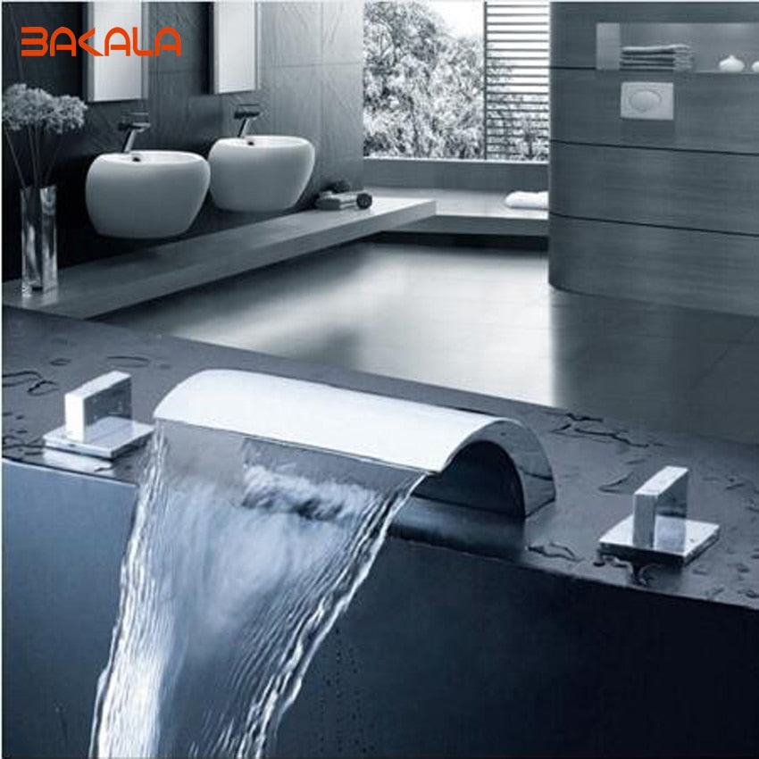 BAKALA 3 Pieces Set Chrome Deck Mounted Waterfall Wide Spout Double Handles Bathtub Faucet Bathroom Mixer Tap