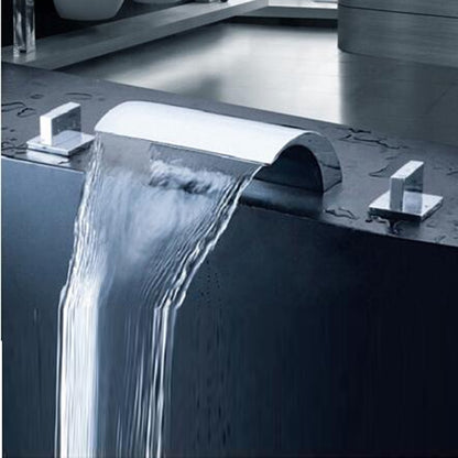 BAKALA 3 Pieces Set Chrome Deck Mounted Waterfall Wide Spout Double Handles Bathtub Faucet Bathroom Mixer Tap