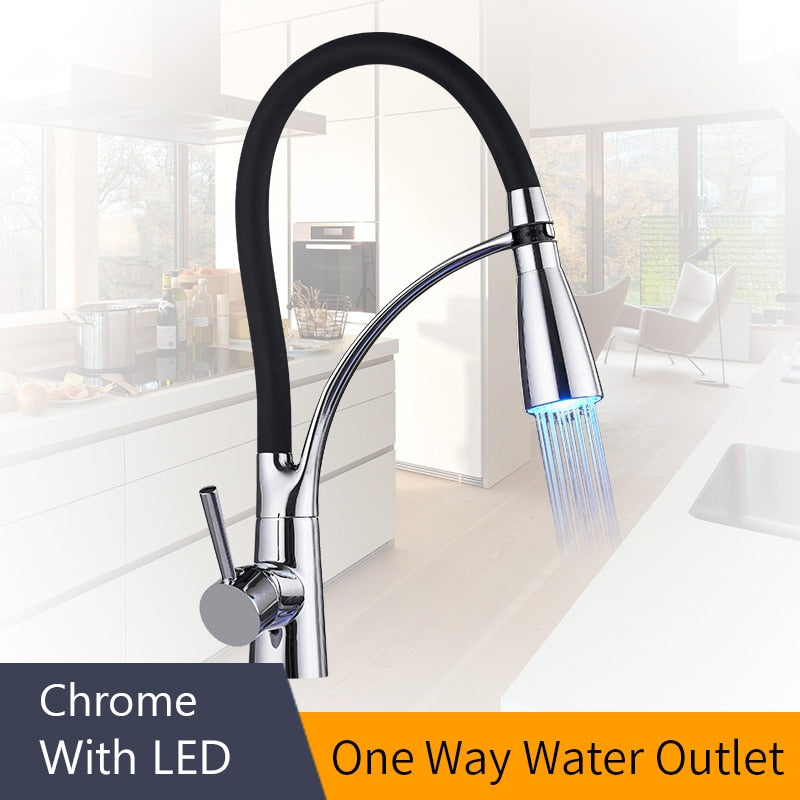 Kitchen Faucets with Rubber Design Chrome Mixer Faucet for LED Kitchen Single Handle Pull Down Deck Mounted Crane for Sinks 7661