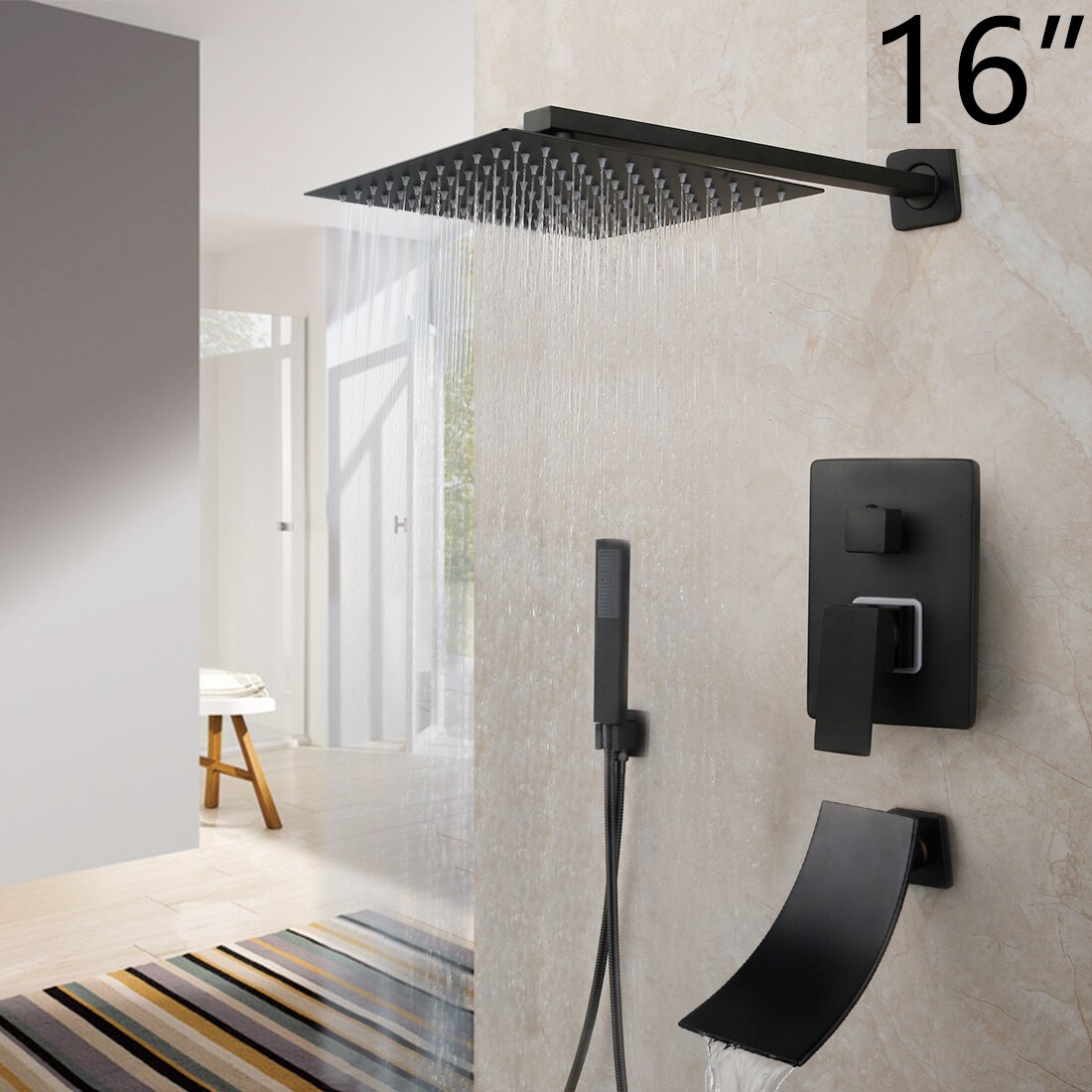 KEMAIDI Matte Black Bathroom Shower Faucet Rainfall Tub LED Bathtub Rain Square Shower Head Waterfall Shower Faucet Set