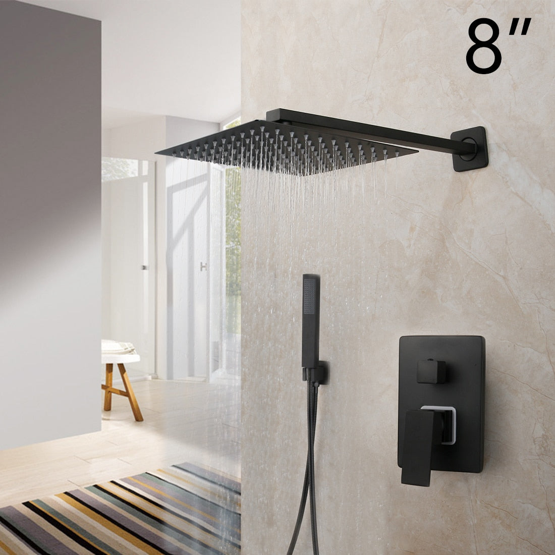 KEMAIDI Matte Black Bathroom Shower Faucet Rainfall Tub LED Bathtub Rain Square Shower Head Waterfall Shower Faucet Set