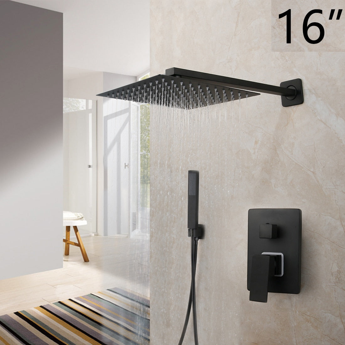 KEMAIDI Matte Black Bathroom Shower Faucet Rainfall Tub LED Bathtub Rain Square Shower Head Waterfall Shower Faucet Set