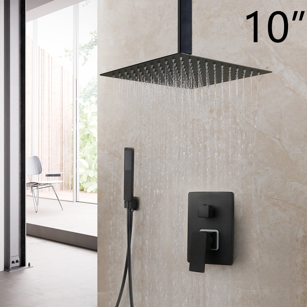 KEMAIDI Matte Black Bathroom Shower Faucet Rainfall Tub LED Bathtub Rain Square Shower Head Waterfall Shower Faucet Set