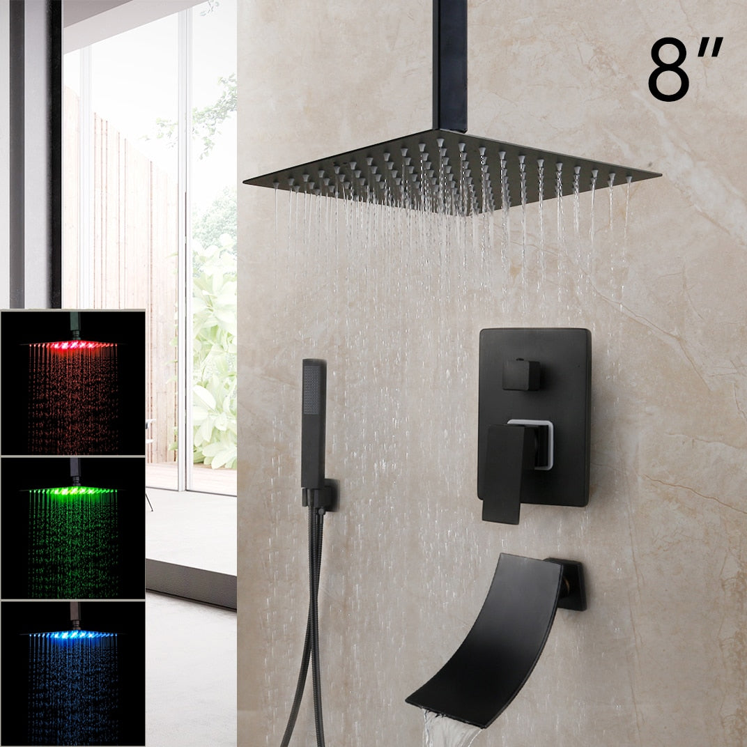 KEMAIDI Matte Black Bathroom Shower Faucet Rainfall Tub LED Bathtub Rain Square Shower Head Waterfall Shower Faucet Set