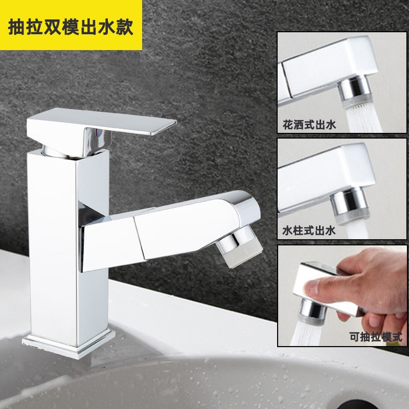 Washbasin Faucet Stainless Steel Pullable Hot and Cold Water Faucet Lift-up Double Outlet Faucet Black Silver Bathroom Faucet