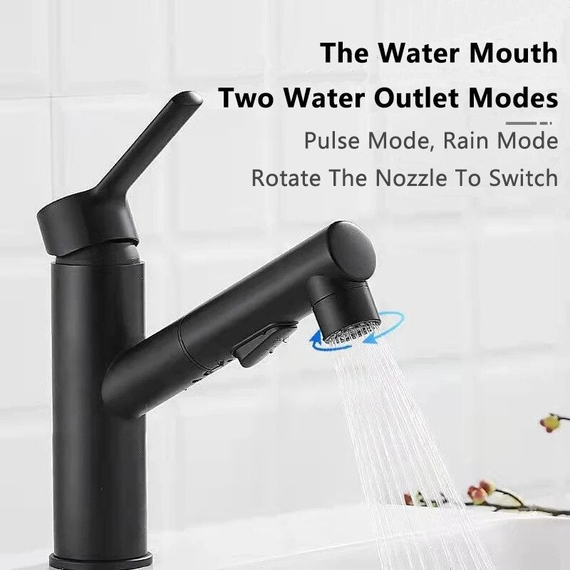 Mouthwash Basin Faucet Full Copper Basin Pull Hot Cold Double Outlet Faucet Black Wash Basin Retractable Pull Tapware Bathroom