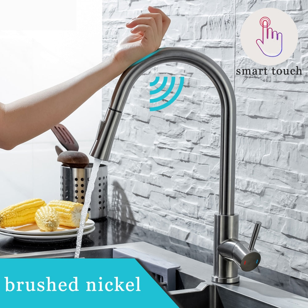DQOK Kitchen Faucet Pull Out Brushed Nickle Sensor Stainless Steel Black Smart Induction Mixed Tap Touch Control Sink Tap