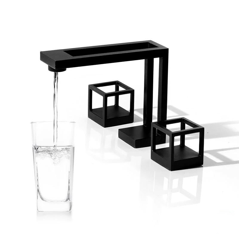 Tuqiu Basin Faucet Black Brass Widespread Bathroom Sink Faucet 3 Hole Widespread Basin Mixer Double Handle Hot Cold Water Tap