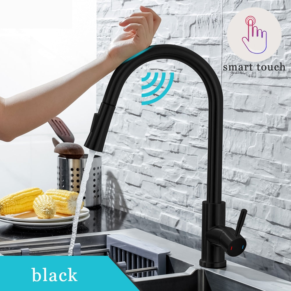 DQOK Kitchen Faucet Pull Out Brushed Nickle Sensor Stainless Steel Black Smart Induction Mixed Tap Touch Control Sink Tap