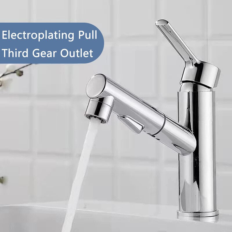 Mouthwash Basin Faucet Full Copper Basin Pull Hot Cold Double Outlet Faucet Black Wash Basin Retractable Pull Tapware Bathroom