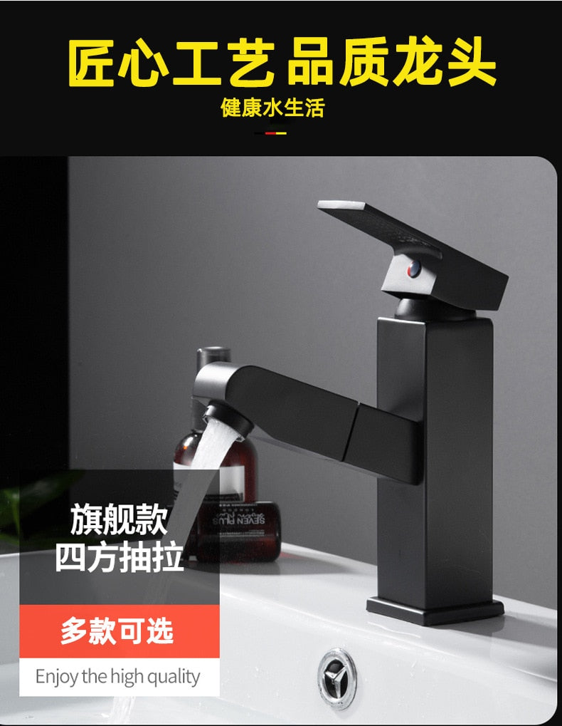 Washbasin Faucet Stainless Steel Pullable Hot and Cold Water Faucet Lift-up Double Outlet Faucet Black Silver Bathroom Faucet