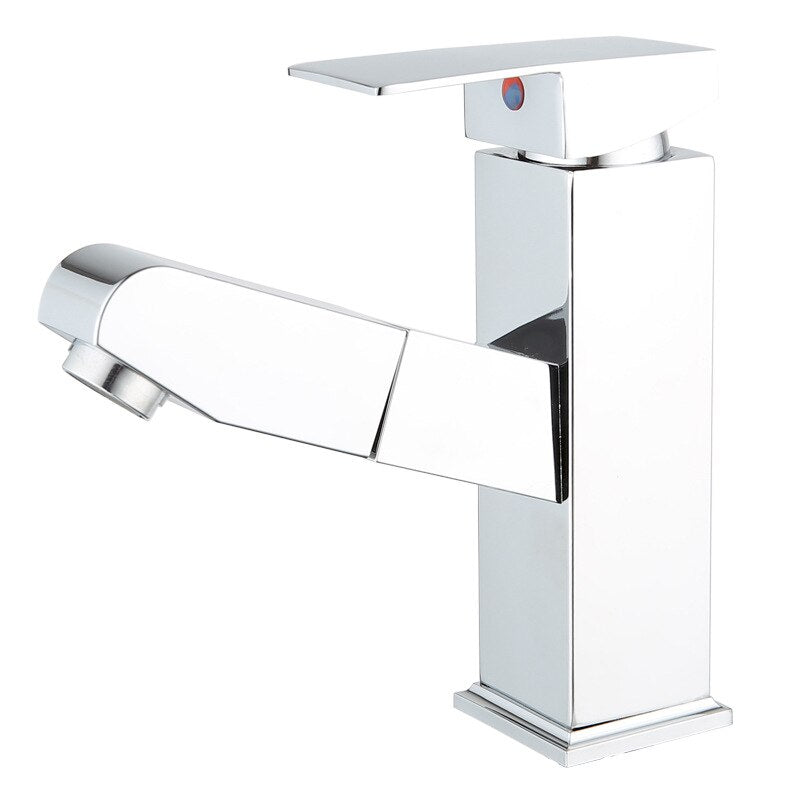 Washbasin Faucet Stainless Steel Pullable Hot and Cold Water Faucet Lift-up Double Outlet Faucet Black Silver Bathroom Faucet
