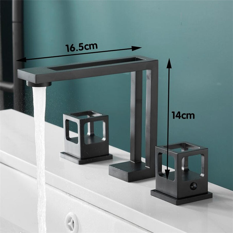 Tuqiu Basin Faucet Black Brass Widespread Bathroom Sink Faucet 3 Hole Widespread Basin Mixer Double Handle Hot Cold Water Tap