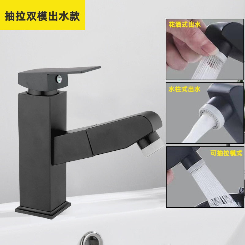 Washbasin Faucet Stainless Steel Pullable Hot and Cold Water Faucet Lift-up Double Outlet Faucet Black Silver Bathroom Faucet