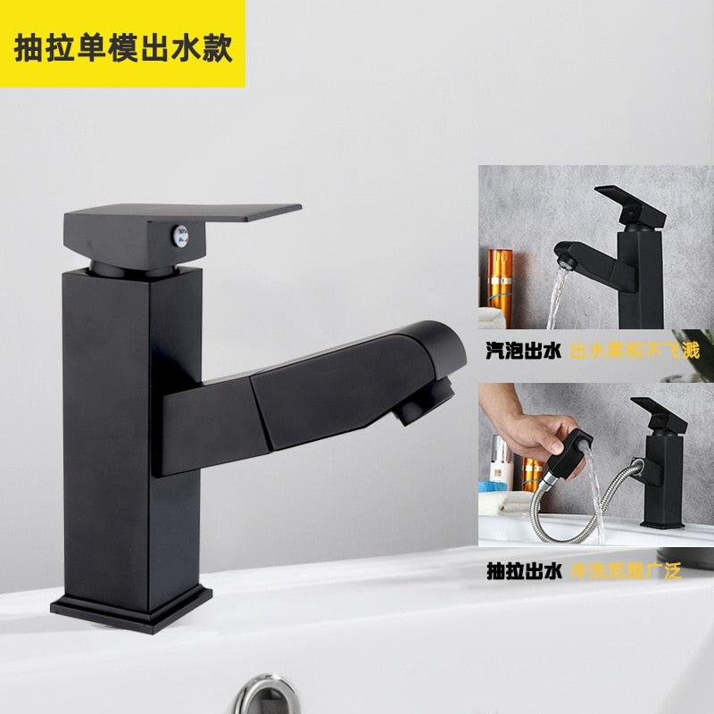 Washbasin Faucet Stainless Steel Pullable Hot and Cold Water Faucet Lift-up Double Outlet Faucet Black Silver Bathroom Faucet