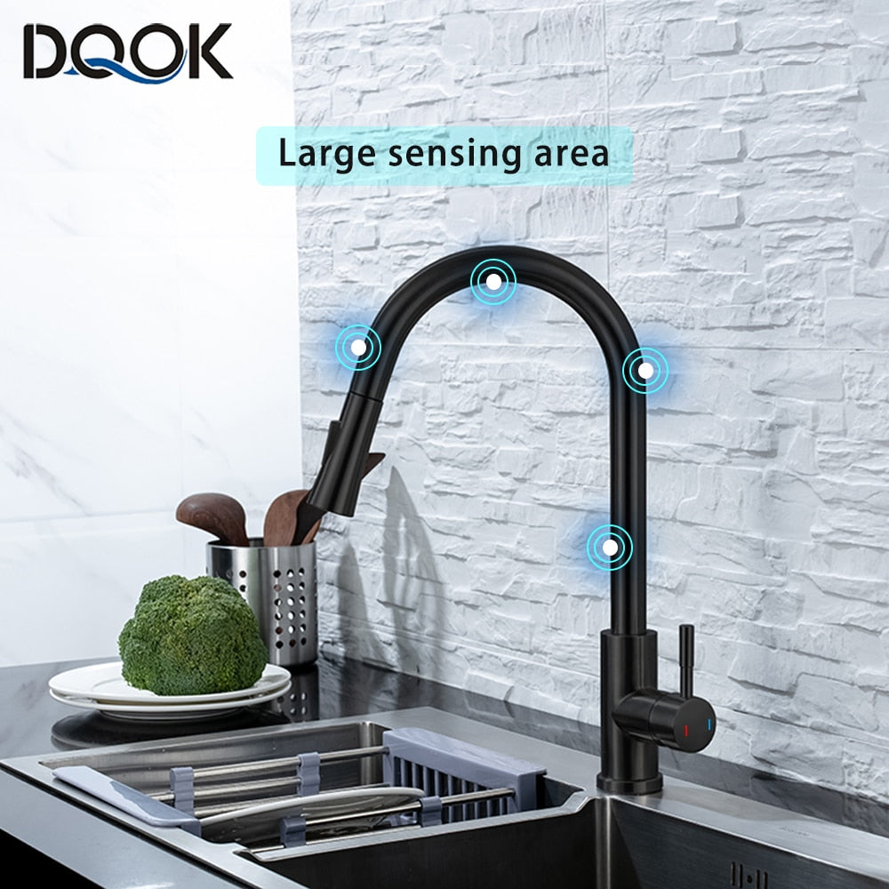 DQOK Kitchen Faucet Pull Out Brushed Nickle Sensor Stainless Steel Black Smart Induction Mixed Tap Touch Control Sink Tap