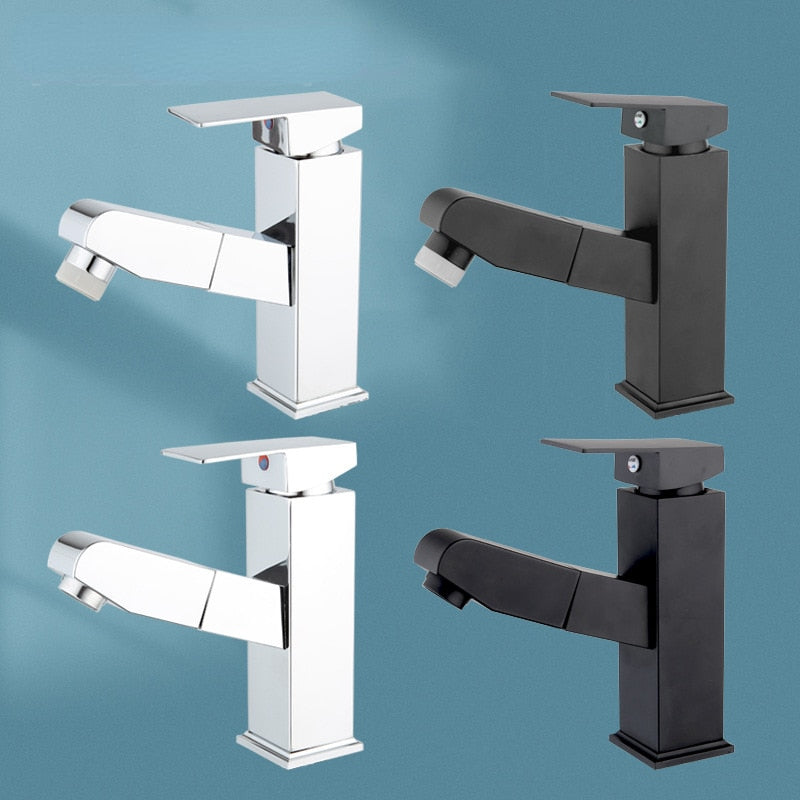 Washbasin Faucet Stainless Steel Pullable Hot and Cold Water Faucet Lift-up Double Outlet Faucet Black Silver Bathroom Faucet