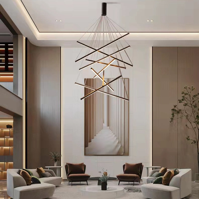 Modern Black Stair Chandelier simple duplex building highrise empty living room Bedroom hall personality long LED line lamp