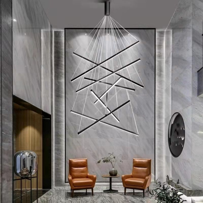 Modern Black Stair Chandelier simple duplex building highrise empty living room Bedroom hall personality long LED line lamp