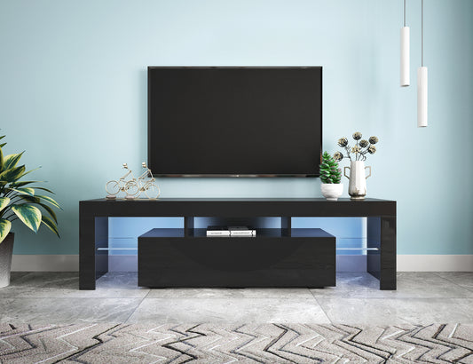Modern Black TV Stand, 20 Colors LED TV Stand w/Remote Control Lights