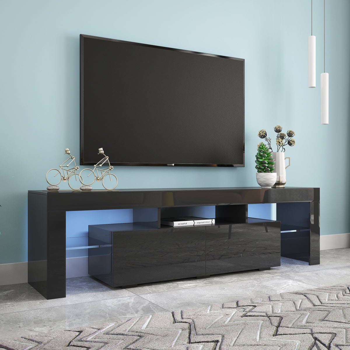 Modern Black TV Stand, 20 Colors LED TV Stand w/Remote Control Lights