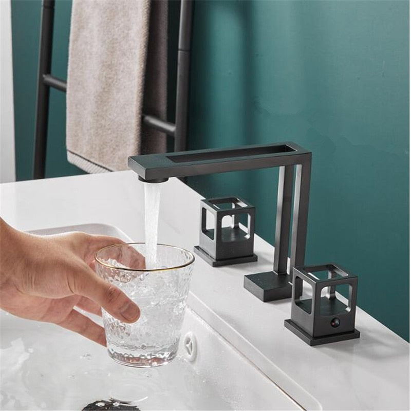 Tuqiu Basin Faucet Black Brass Widespread Bathroom Sink Faucet 3 Hole Widespread Basin Mixer Double Handle Hot  Cold Water Tap