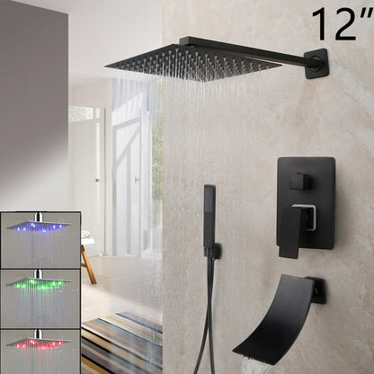 KEMAIDI Matte Black Bathroom Shower Faucet Rainfall Tub LED Bathtub Rain Square Shower Head Waterfall Shower Faucet Set