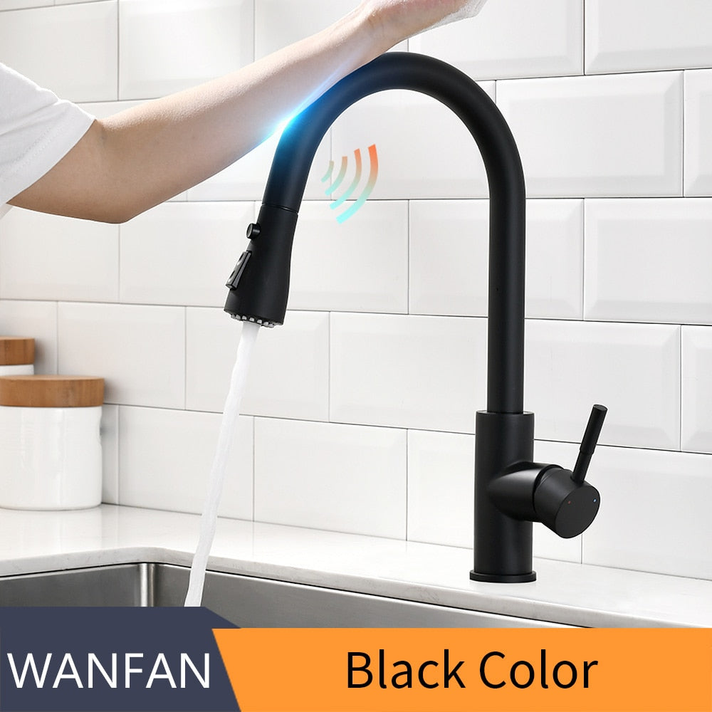 Pull Out Black Sensor Kitchen Faucets Stainless Steel Smart Induction Mixed Tap Touch Control Sink Tap Torneira De KH1005R