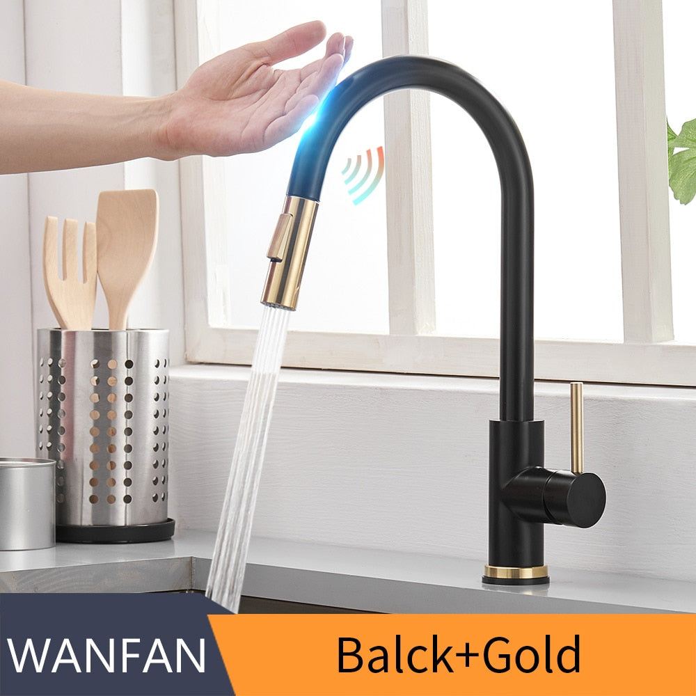 Pull Out Black Sensor Kitchen Faucets Stainless Steel Smart Induction Mixed Tap Touch Control Sink Tap Torneira De KH1005R