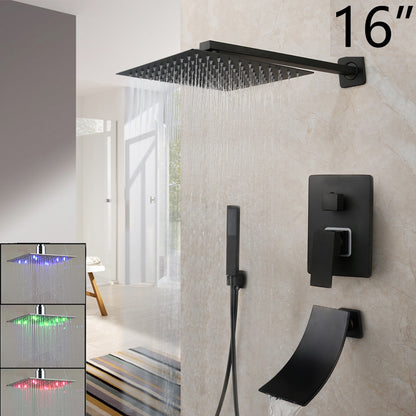 KEMAIDI Matte Black Bathroom Shower Faucet Rainfall Tub LED Bathtub Rain Square Shower Head Waterfall Shower Faucet Set