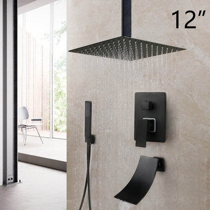 KEMAIDI Matte Black Bathroom Shower Faucet Rainfall Tub LED Bathtub Rain Square Shower Head Waterfall Shower Faucet Set